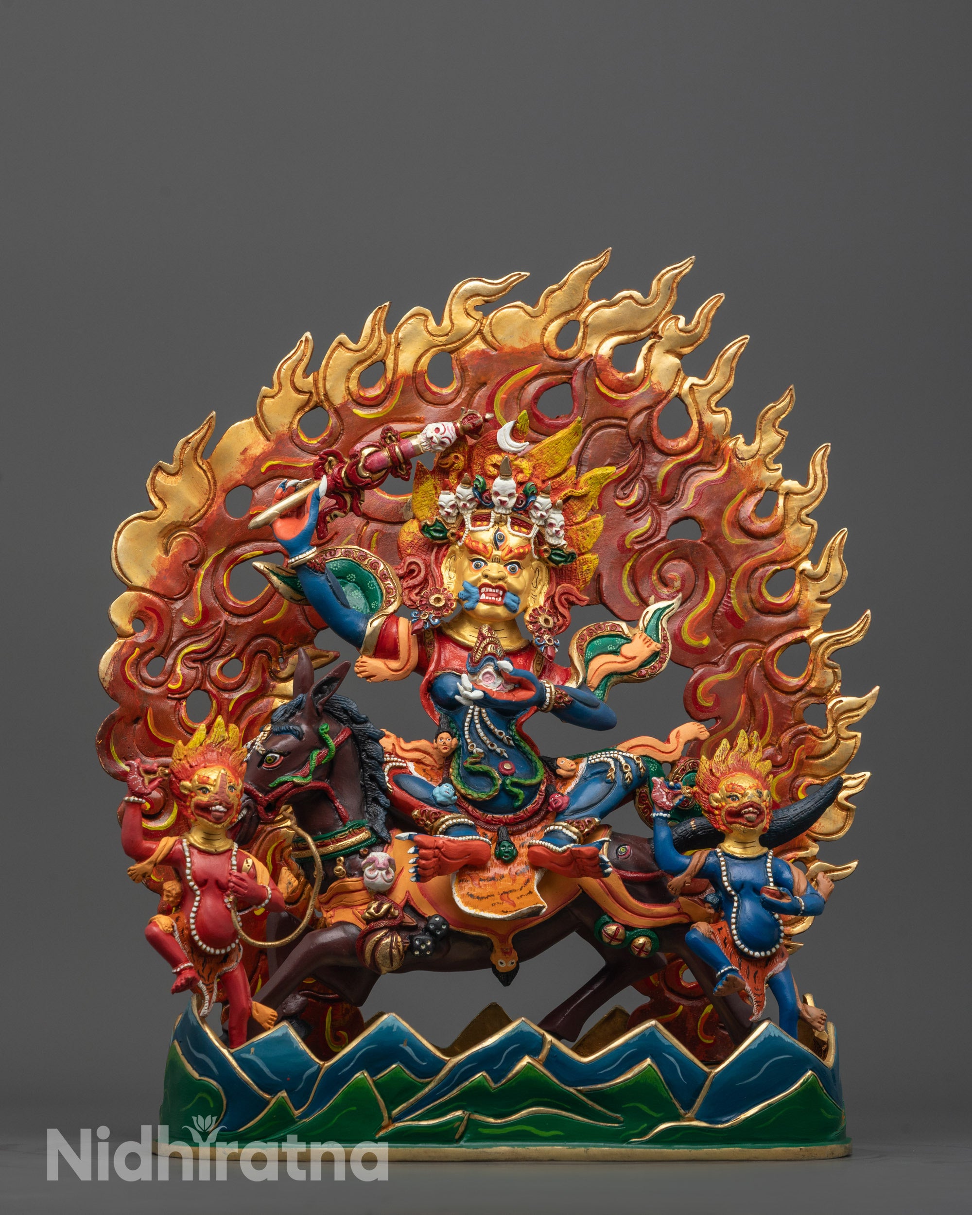 Full View of Palden Lhamo Seated on Decorated Mule with Wrathful Expression
