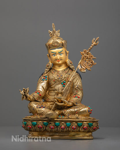 Full View of Seated Guru Rinpoche Statue on Lotus Base with Semi-Precious Stones