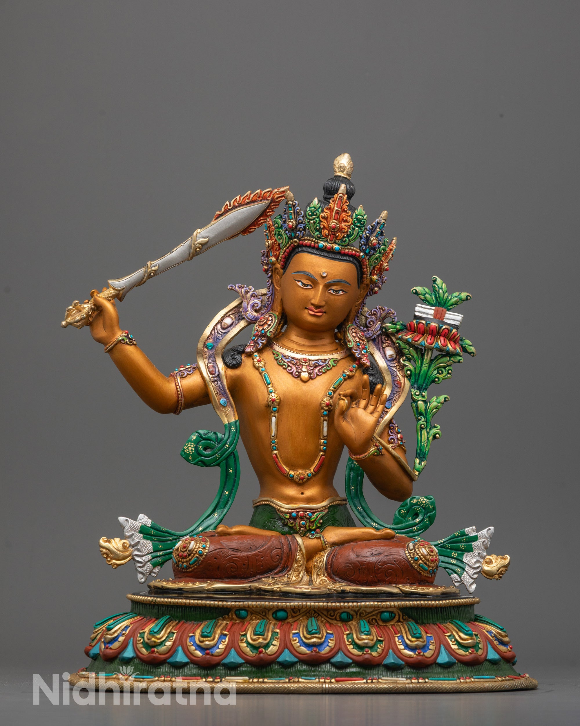 Full View of Seated Manjushri on Lotus Base with carrying a sword