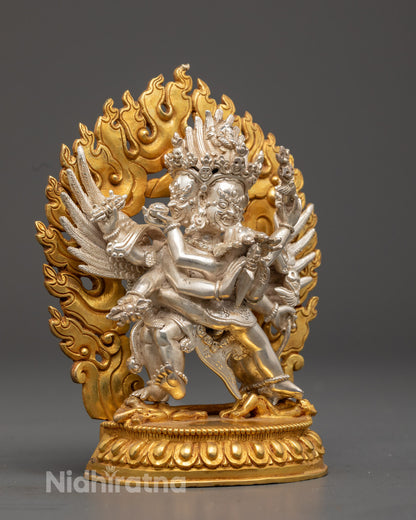 Silver-Plated Vajrakilaya Statue with Hollow Chamber for Mantras and Ritual Blessings – Wrathful deity figure used in Vajrayana practice.