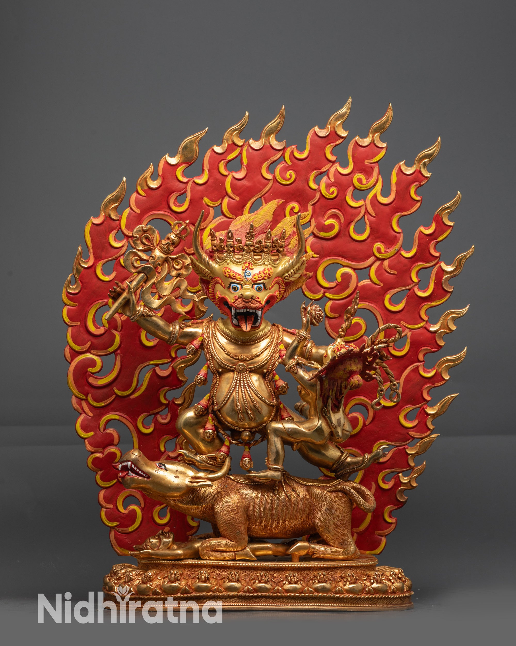Full view of 19-inch Premium Gold-Gilded Yamantaka with Consort Statue, wrathful form of Manjushri with fiery backdrop – handmade in Nepal.
