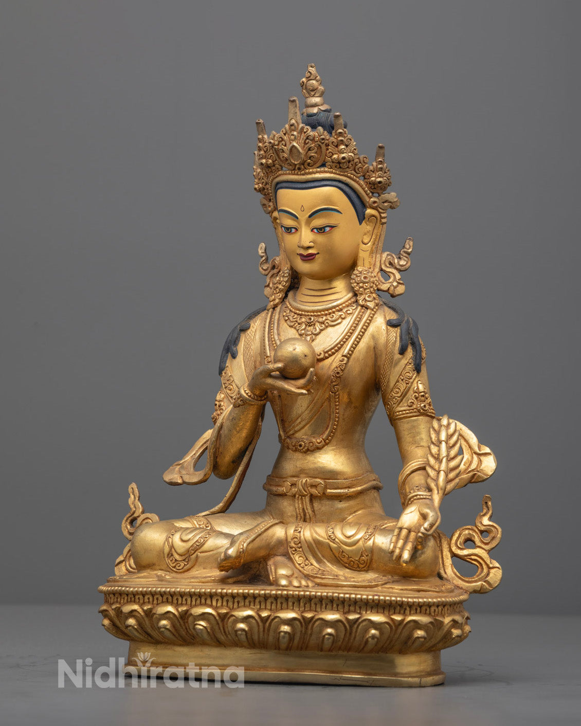 The Kshitigarbha Statue Holding Khakkhara and Cintamani with Intricate Lotus Base Design