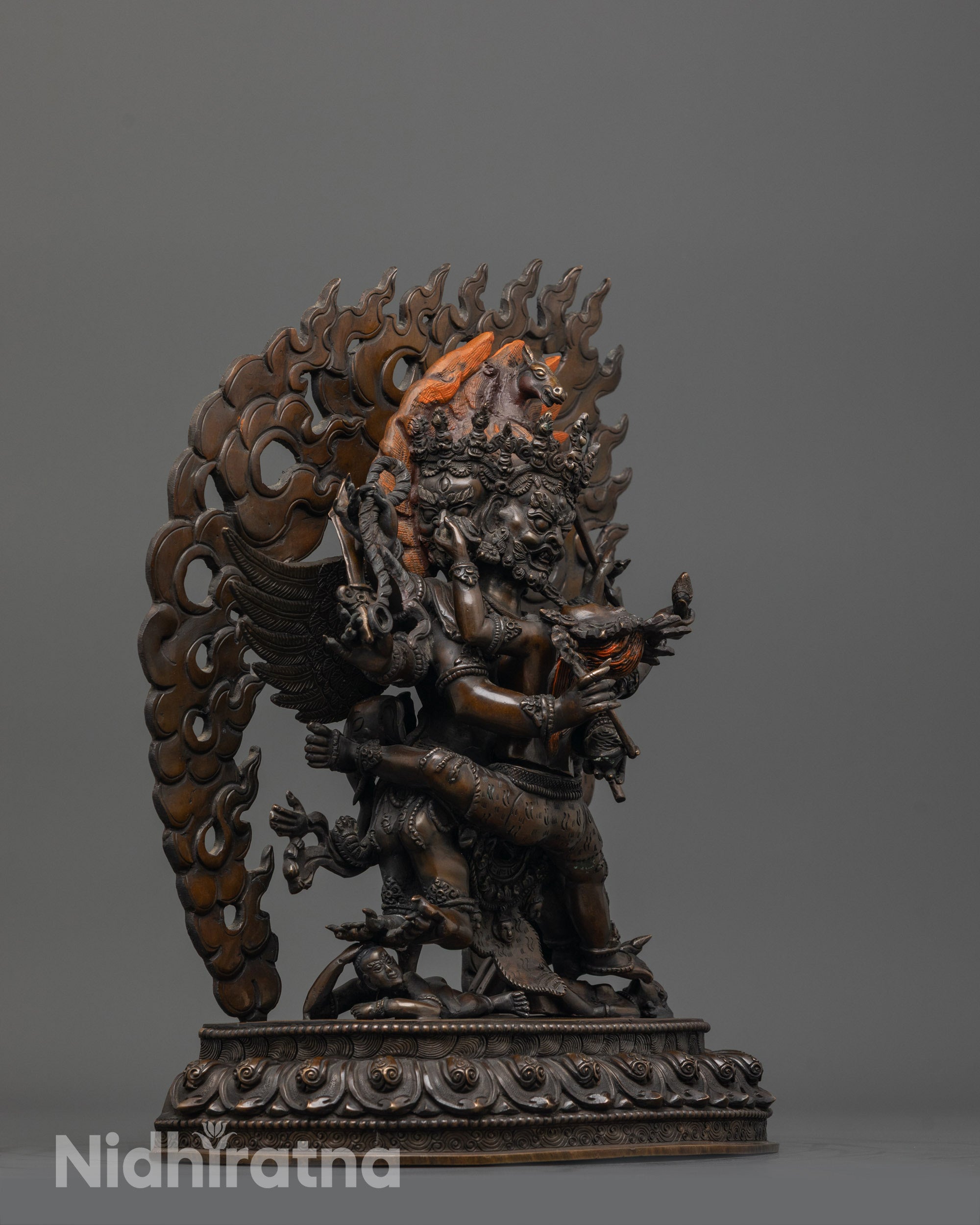 Full body view of the Hayagriva with Consort statue featuring lotus pedestal