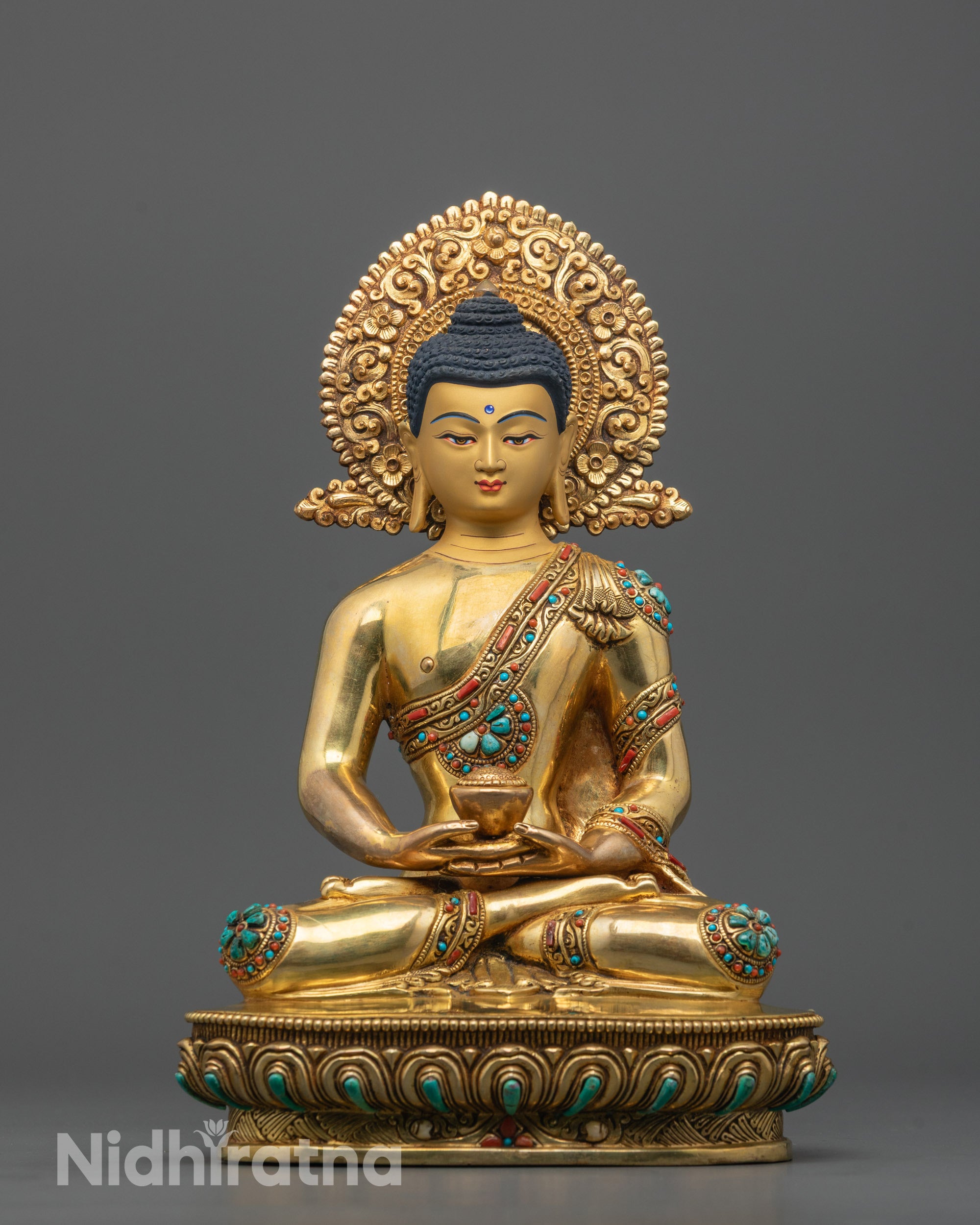 Full image Handcrafted Amitabha Buddha Statue seated on lotus base with gold gilding