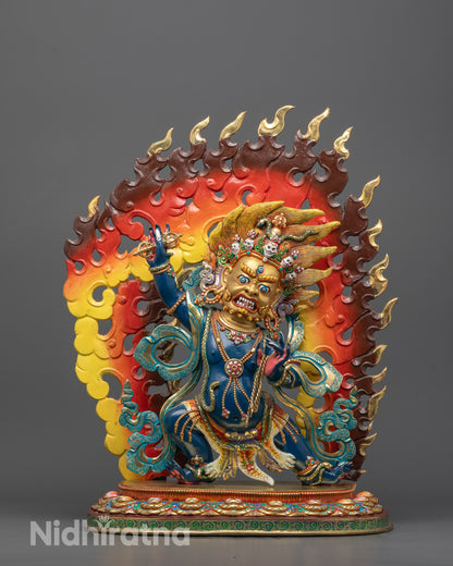Full image of Fierce Vajrapani Statue Hand-Carved in Nepal with Blue Acrylic