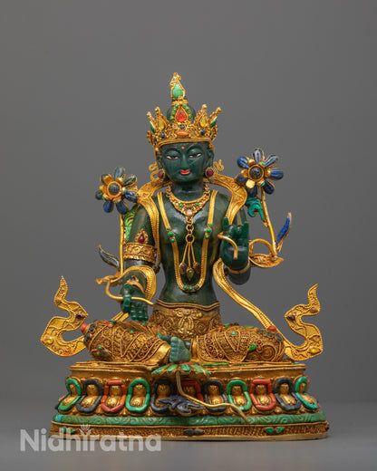 Full image of Green Tara Statue hand-carved from pure green jade