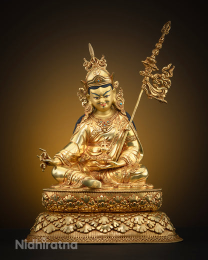 Full image of Guru Rinpoche figure in meditation posture, adorned with traditional Himalayan craftsmanship