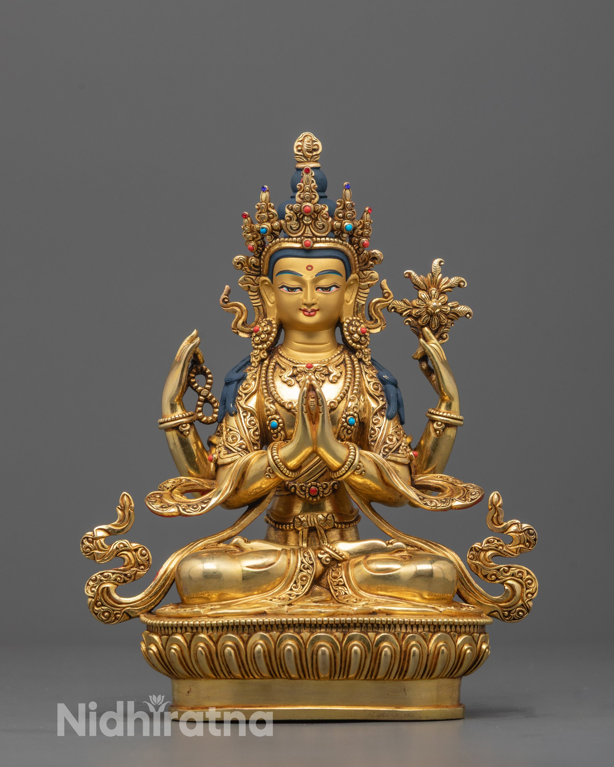 Full image of Hand-Carved Chenrezig Statue from Nepal with 24k Fire Gold Gilding