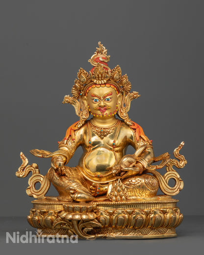 Full image of Hand-Carved Dzambhala Statue on Lotus Base with Citrion Fruit and Mongoose