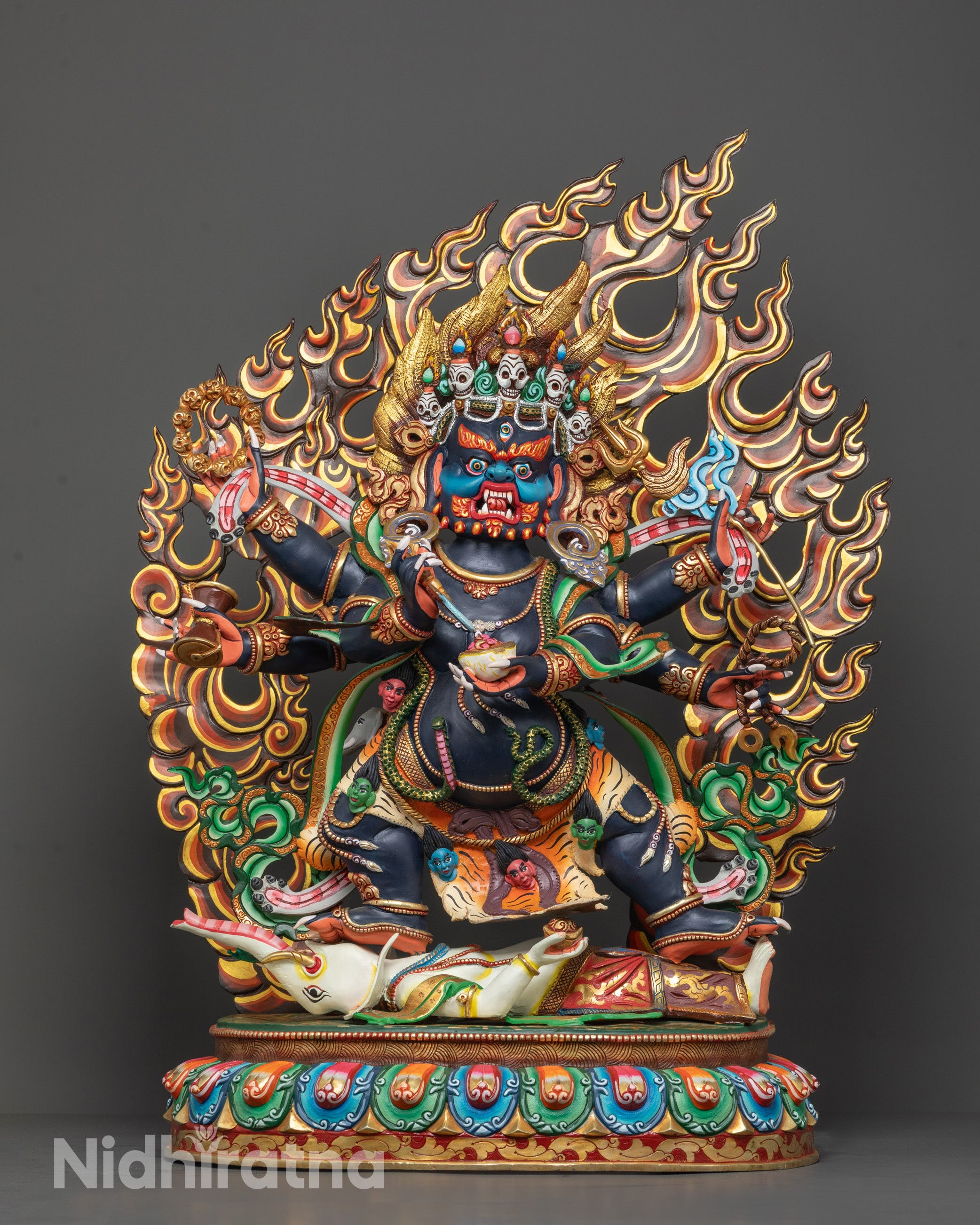 Full image of Hand-Carved Six Armed Mahakala Statue in Dark Blue