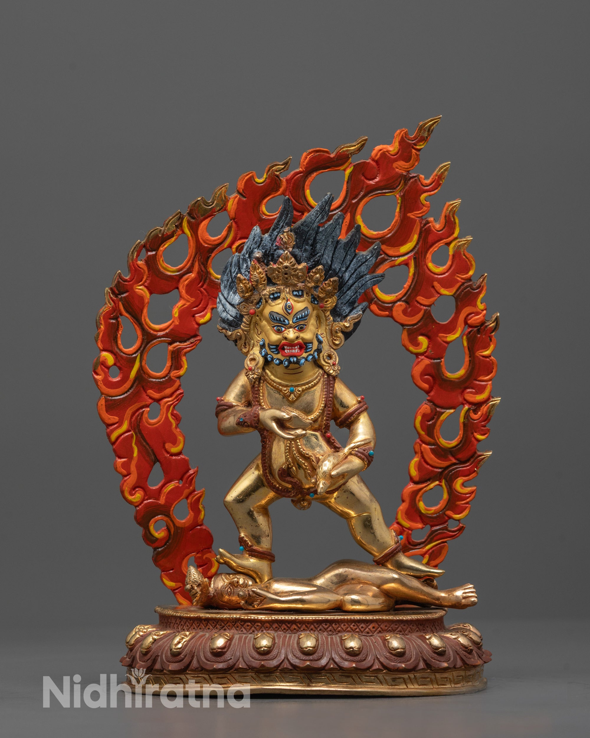 Full image of Hand-carved Black Dzambhala Statue from Nepal with 24k gold fire gilding