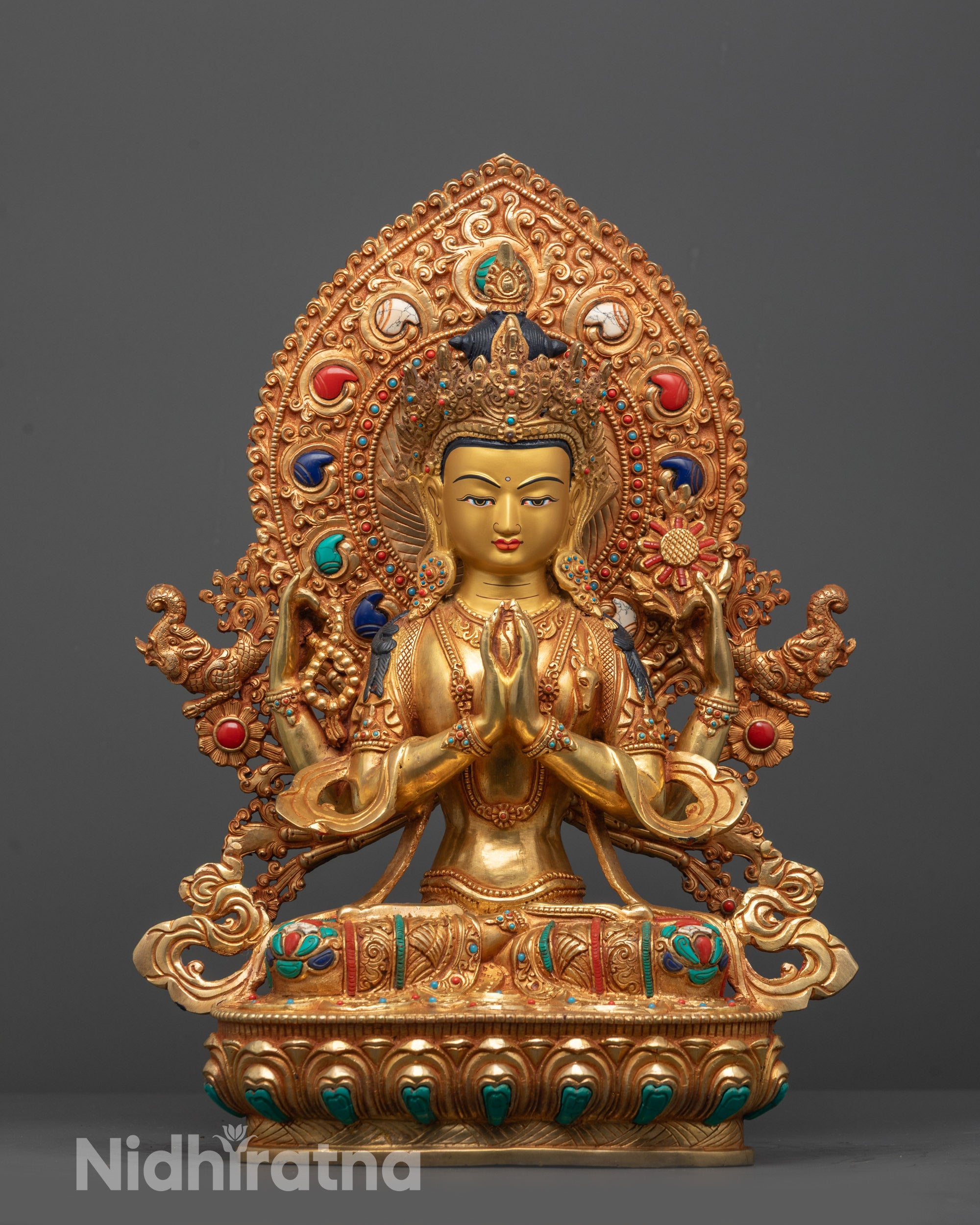Full image of Hand-carved Chenrezig Statue with 24k fire gold gilding on copper base