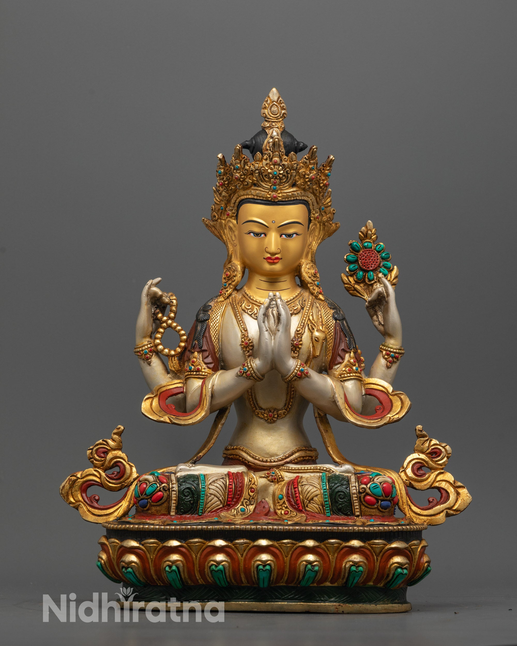 Full image of Hand-carved Chenrezig Statue with 24k gold-gilded face and white acrylic body