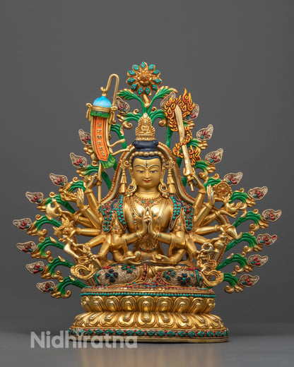 Full image of Hand-carved Chundi Devi statue from Nepal seated on a lotus throne