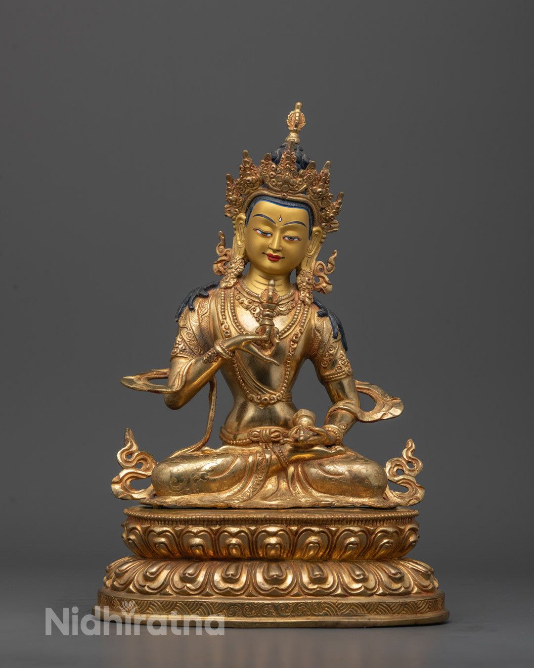 Full image of Hand-carved Dorje Sempa Statue sitting on lotus seat with 24k fire-gilded gold