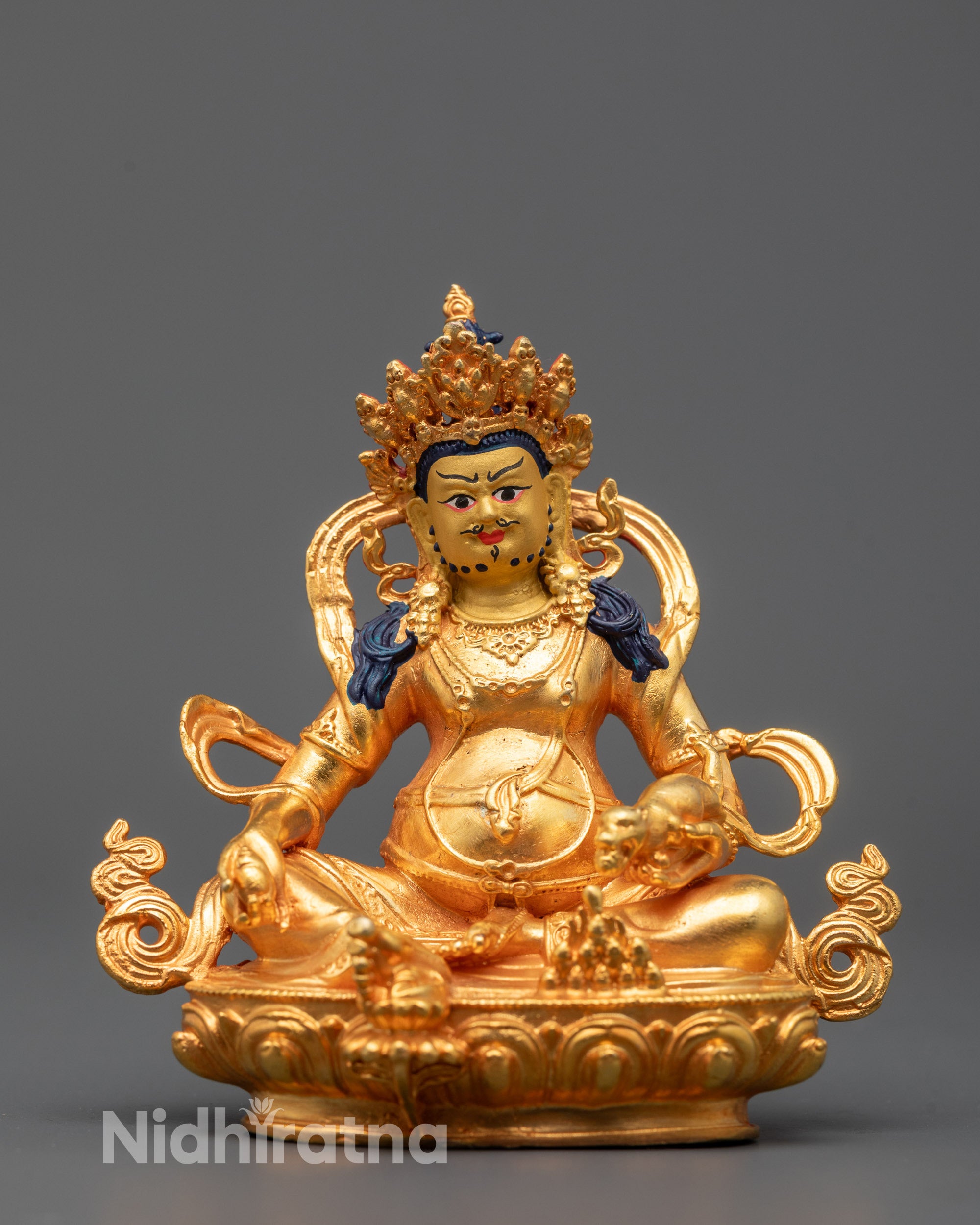 Full image of Hand-carved Dzambhala Statue from Nepal with 24k gold plating seated