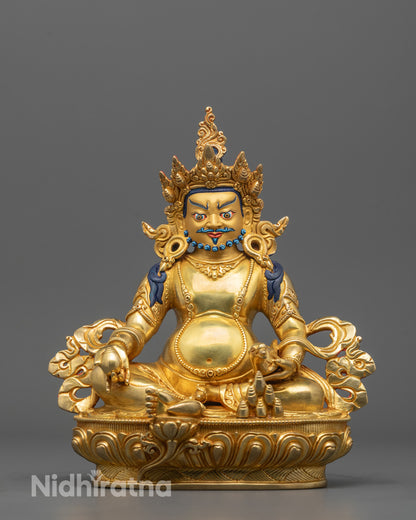 Full image of Hand-carved Dzambhala Statue seated on a lotus throne with 24k gold plating