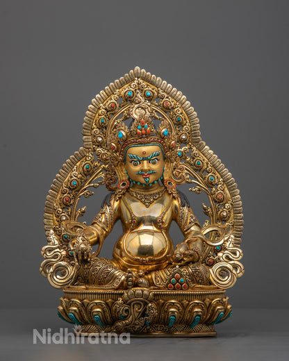Full image of Hand-carved Dzambhala Statue seated on a lotus base, holding a citron fruit