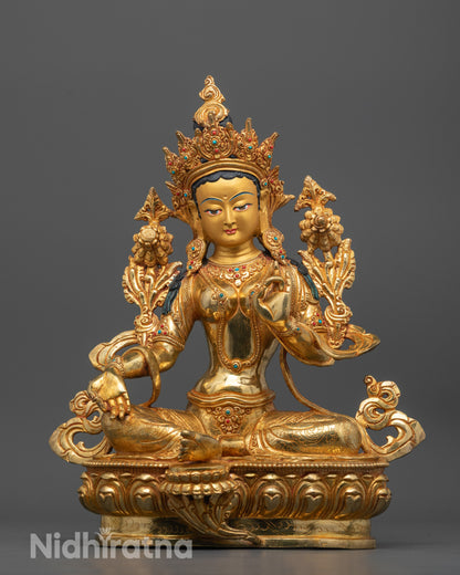 Full image of Hand-carved Green Tara Statue from Nepal in Bhumisparsha Mudra seated on a lotus base