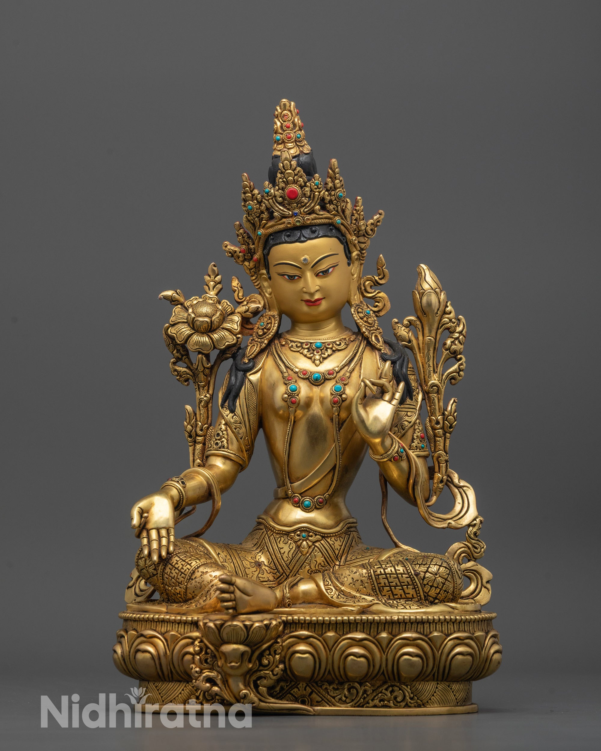 Full image of Hand-carved Green Tara Statue from Nepal, fire-gilded with 24k gold
