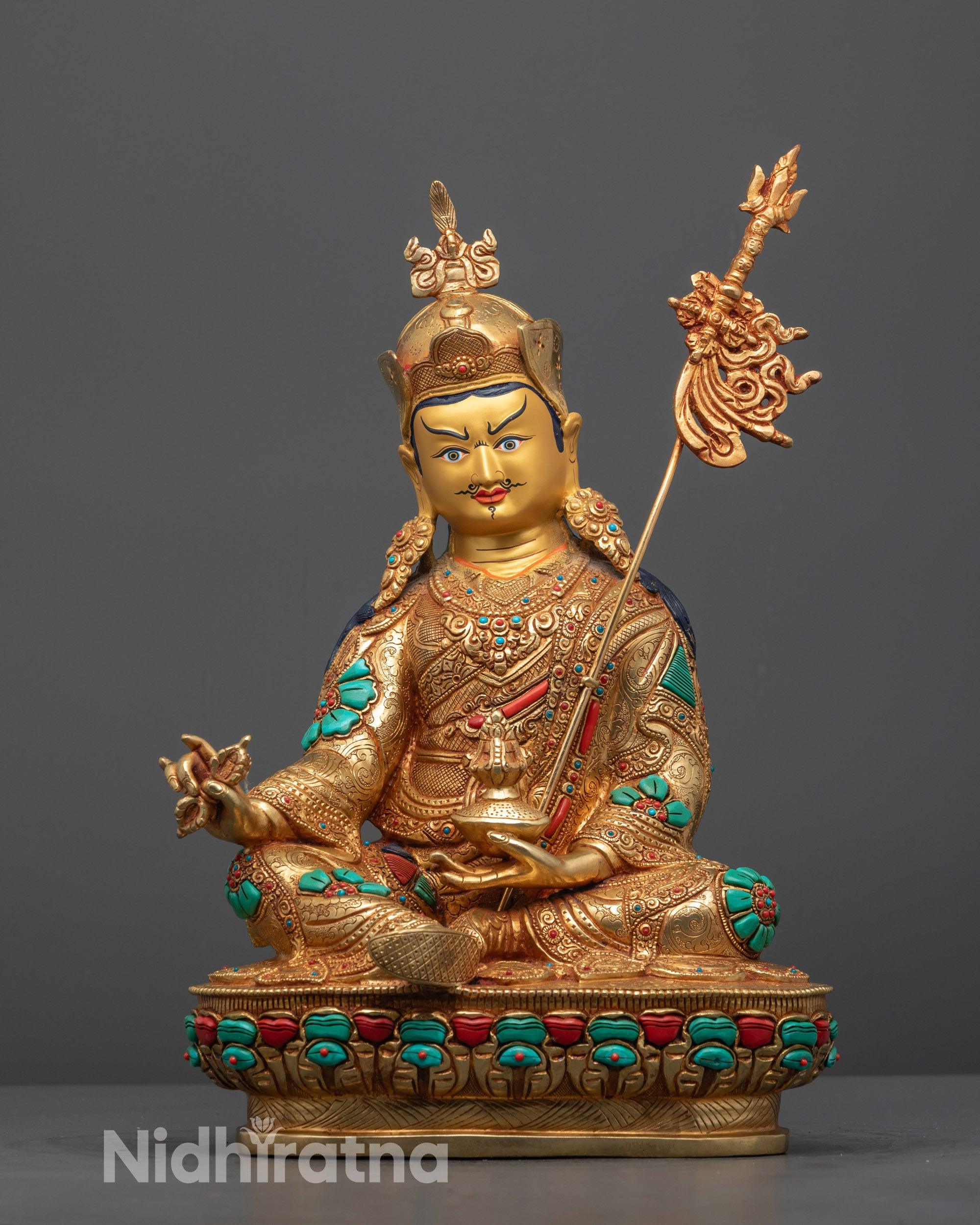 Full image of Hand-carved Guru Rinpoche Statue with seated on lotus throne