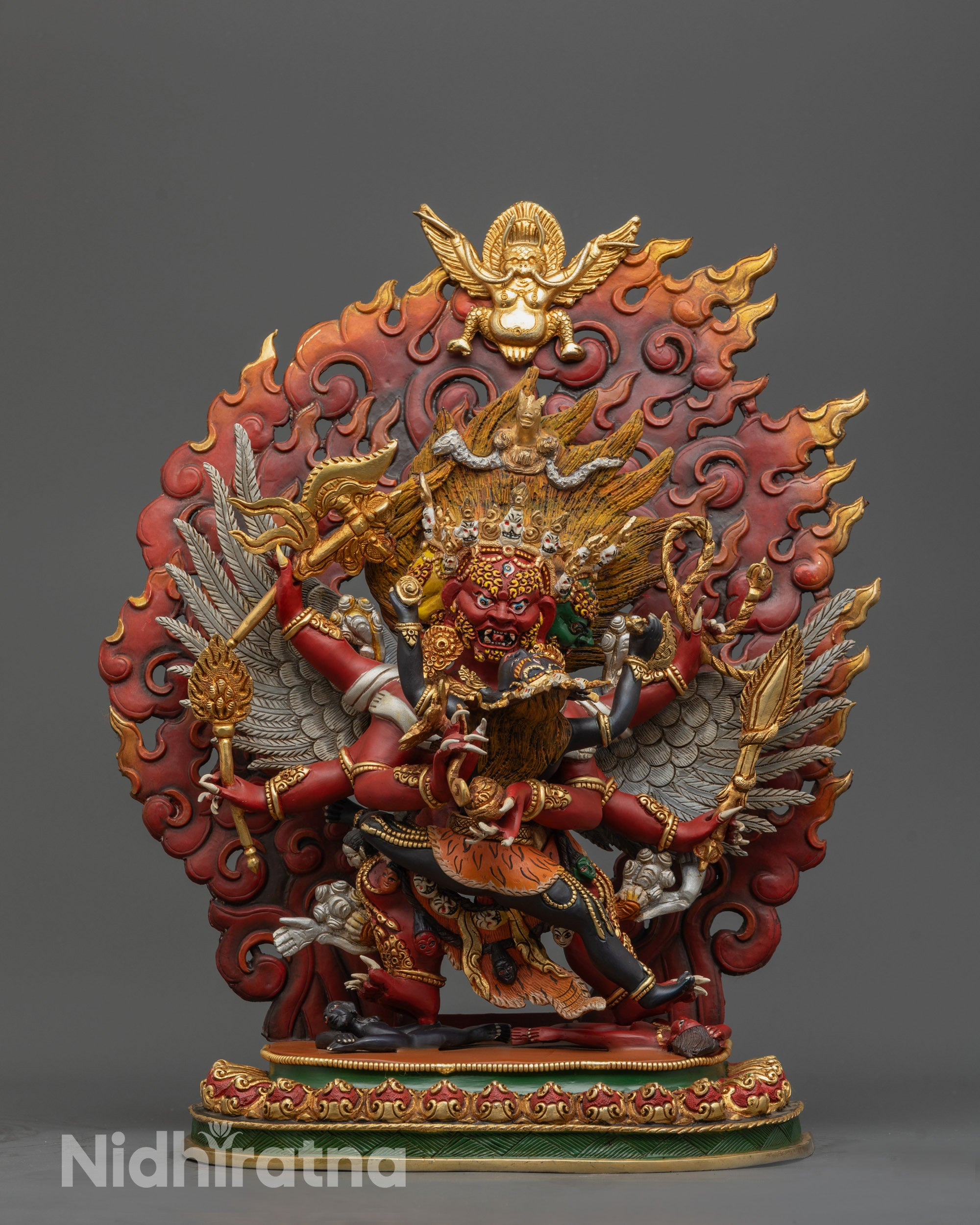 Full image of Hand-carved Hayagriva Statue with Consort in Red Acrylic and 24k Silver Wings