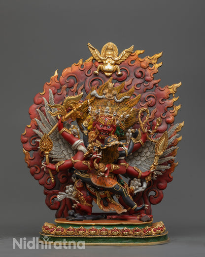 Full image of Hand-carved Hayagriva Statue with Consort in Red Acrylic and 24k Silver Wings