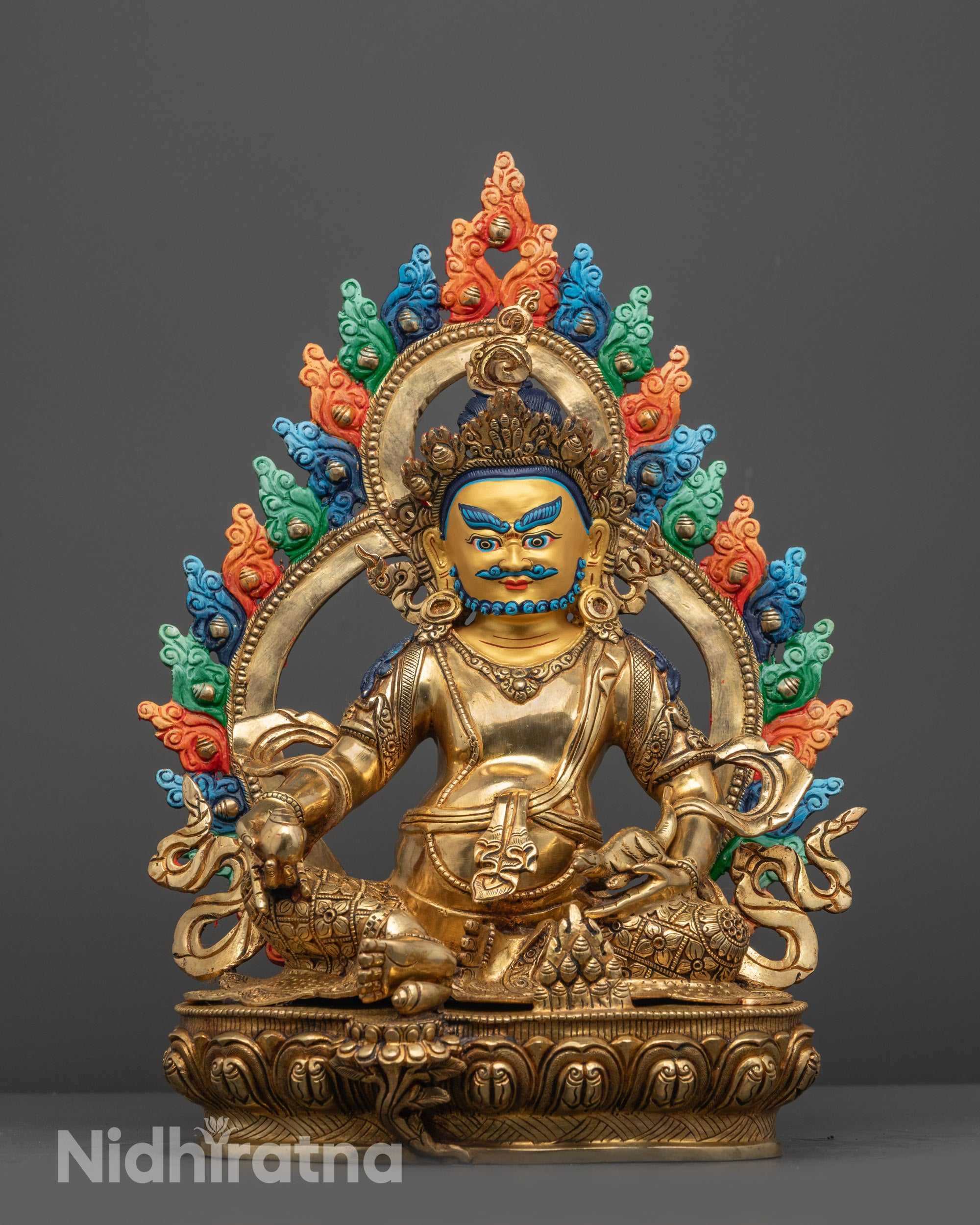 Full image of Hand-carved Jambhala Statue from Nepal with 24k fire gold gilding