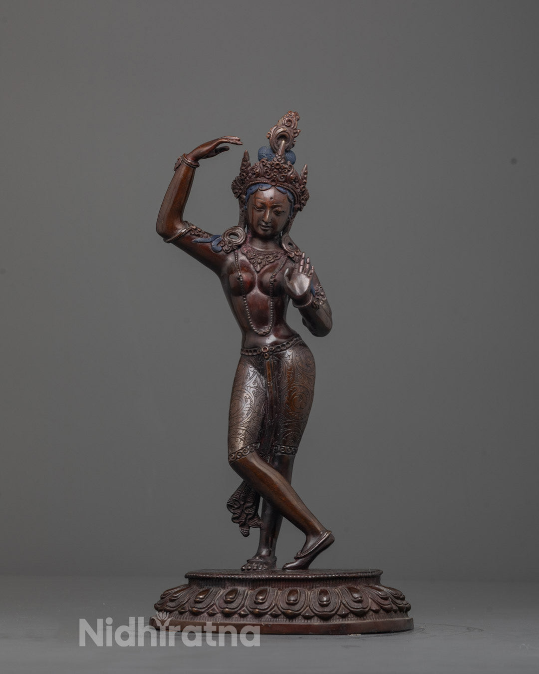 Full image of Hand-carved Mayadevi Statue made of oxidized copper with intricate detailing