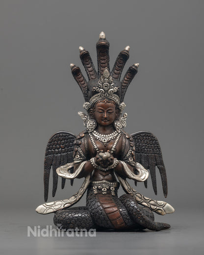 Full image of Hand-carved Naga Kanya statue from Nepal featuring oxidized copper 