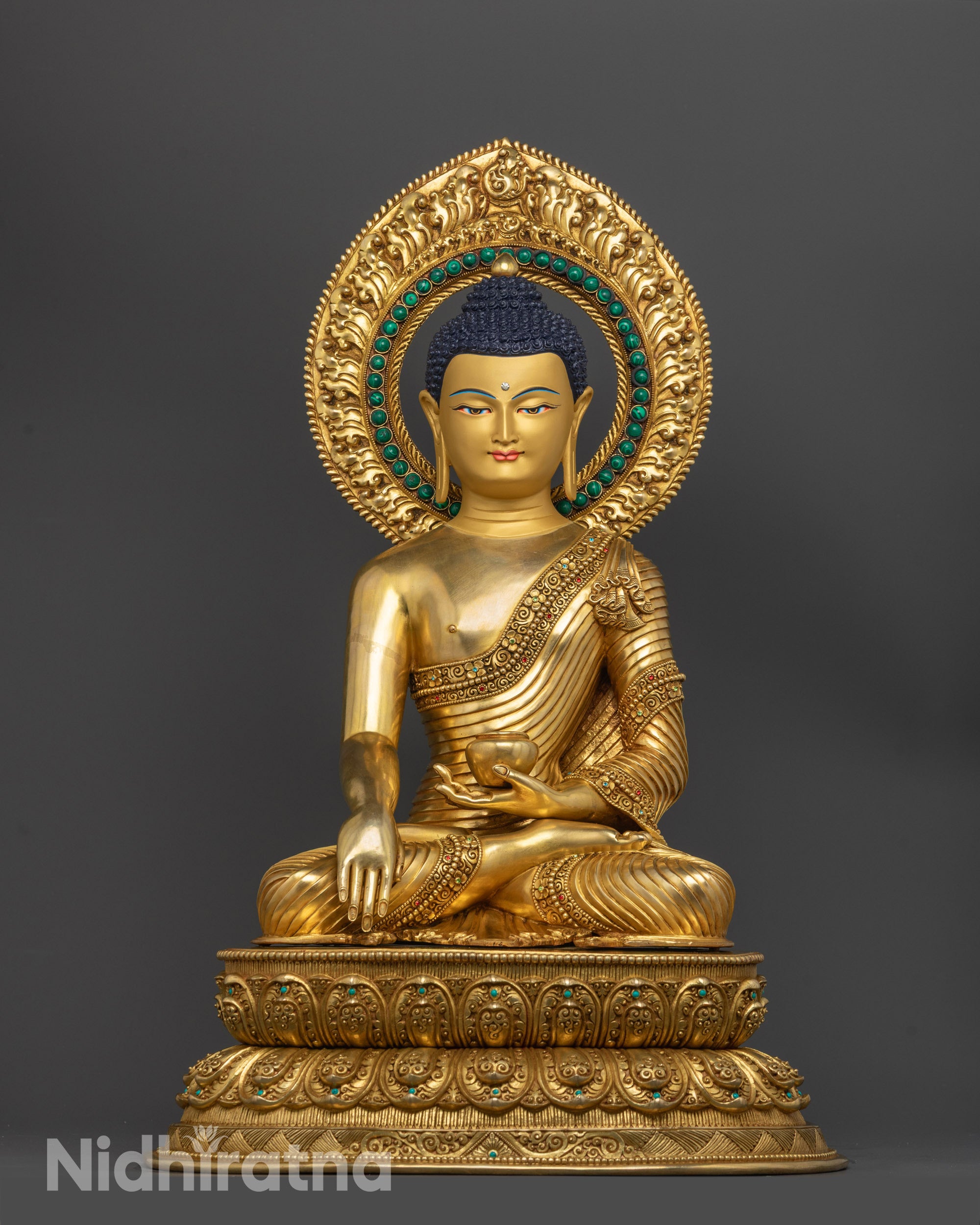 Full image of Hand-carved Shakyamuni Buddha Statue in Bhumisparsha Mudra with 24k Gold Gilding