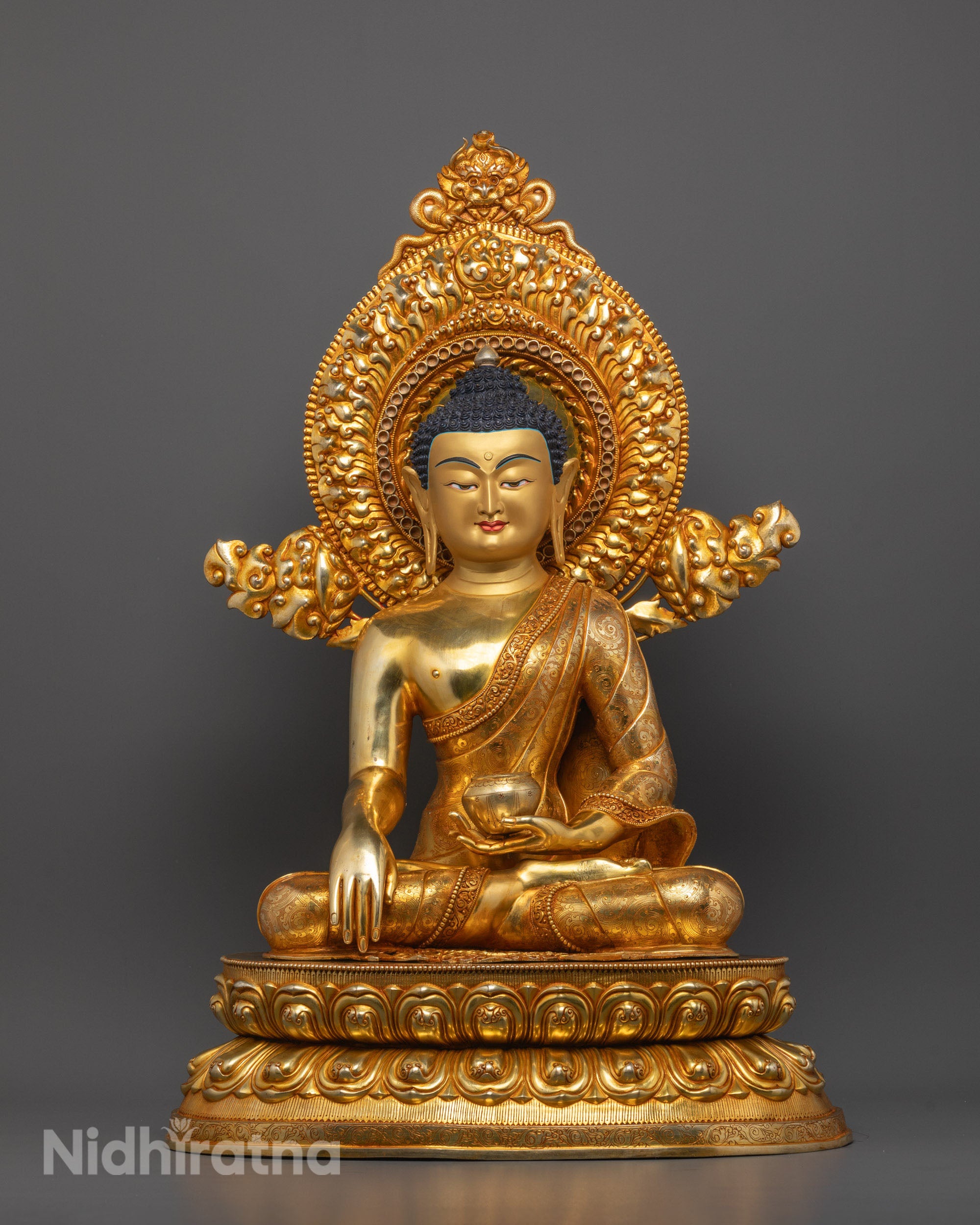 Full image of Hand-carved Shakyamuni Buddha Statue seated on a lotus base