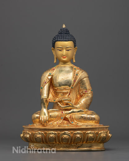 Full image of Hand-carved Shakyamuni Buddha statue seated on lotus base