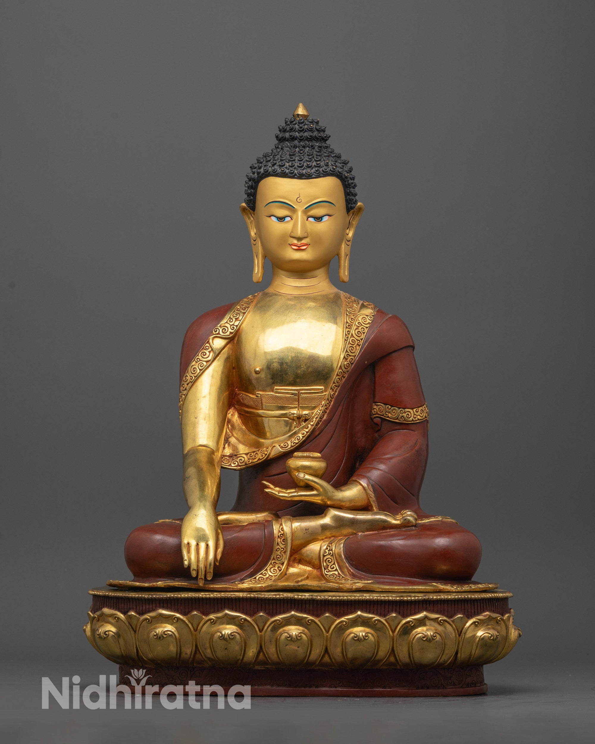 Full image of Hand-carved Shakyamuni Buddha statue seated on lotus base