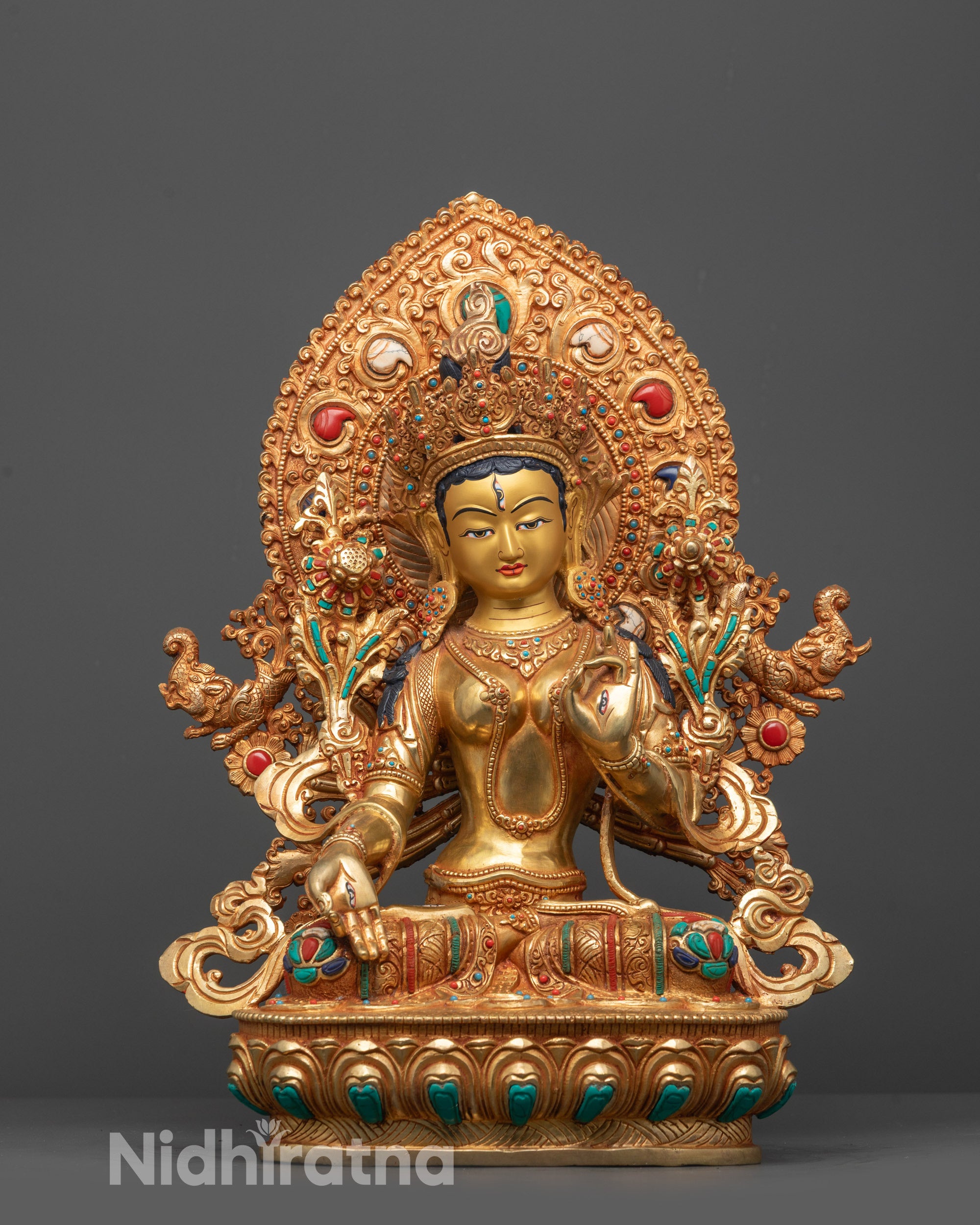 Full image of Hand-carved White Tara Statue from Nepal with 24k fire gold gilding
