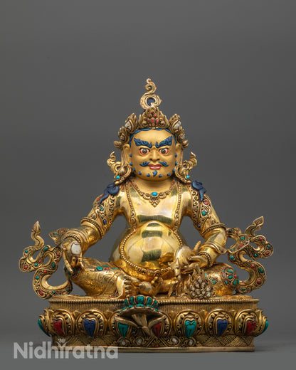 Full image of Premium copper Dzambhala Statue holding citron fruit and mongoose