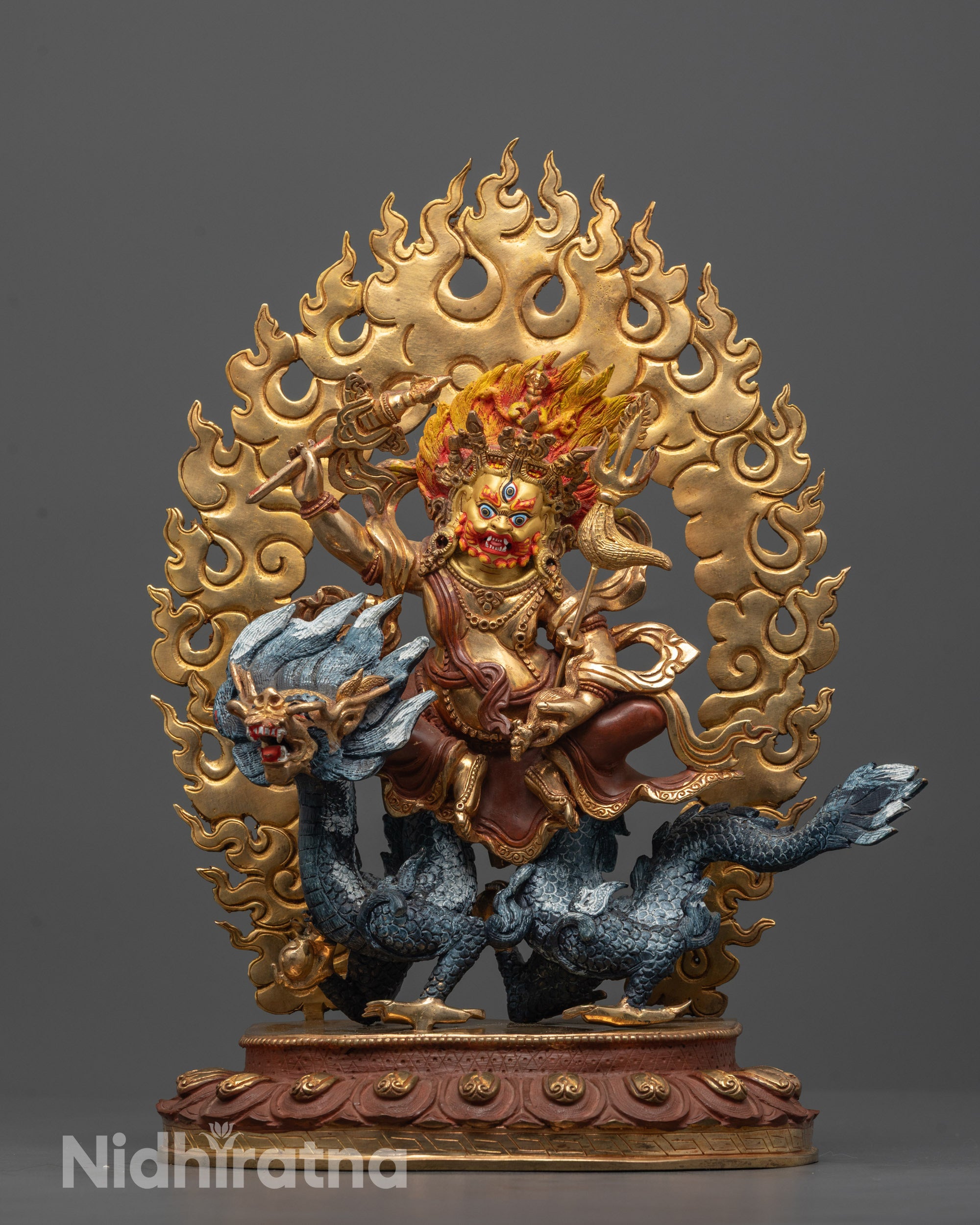 Full image of White Dzambhala Statue hand-carved from copper with 24k gold gilding
