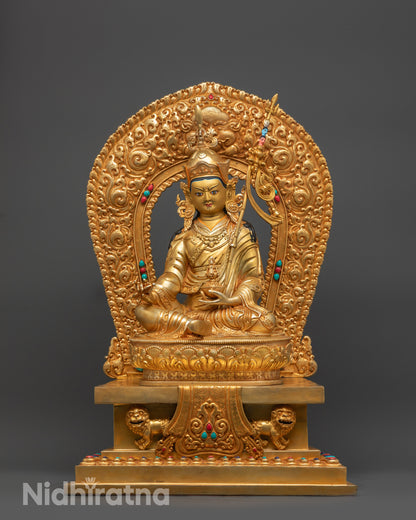 19 Inch Gold Gilded Guru Rinpoche Statue seated on throne, handmade in Nepal