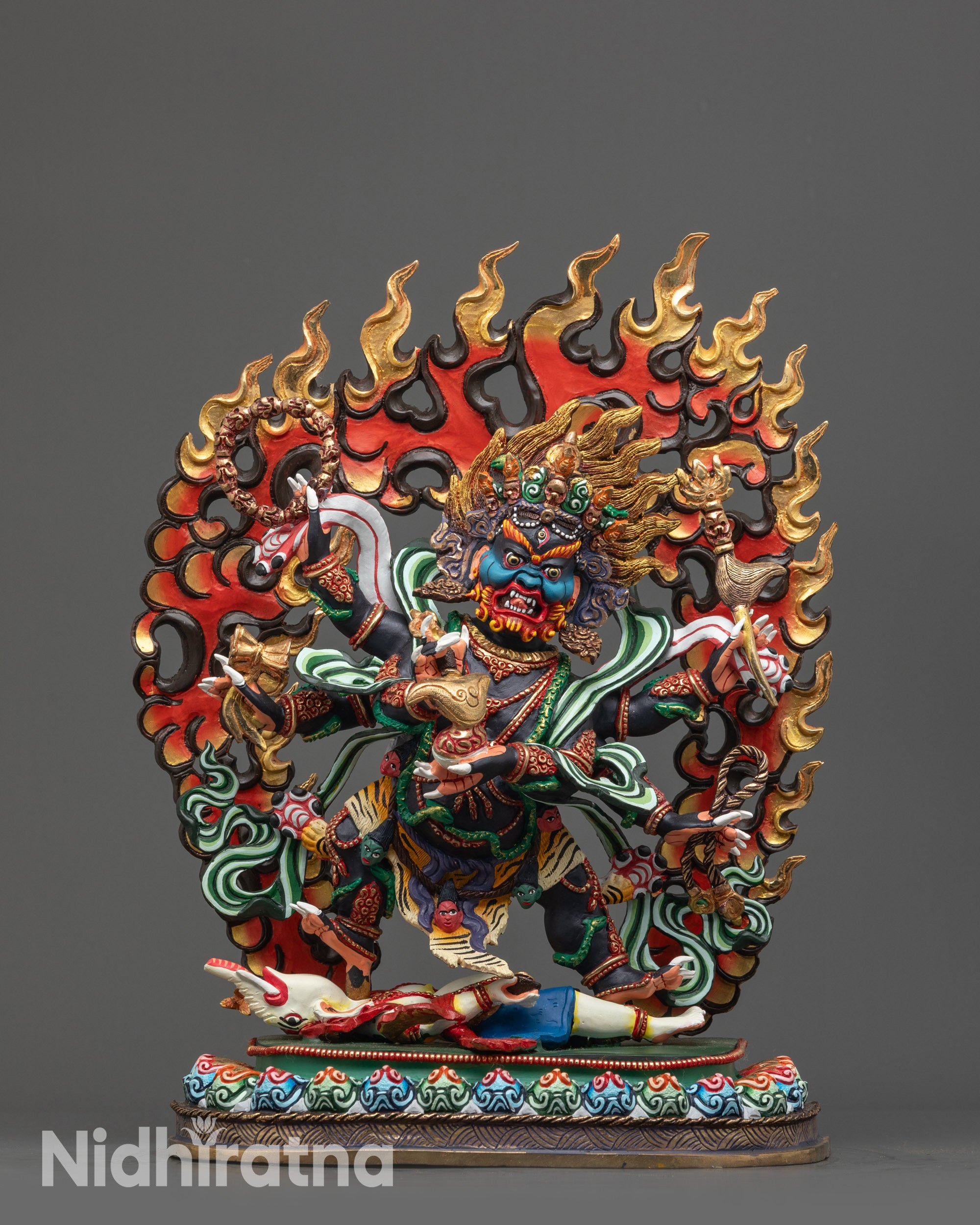 Front view fierce Six-Armed Mahakala statue, Himalayan Buddhist deity