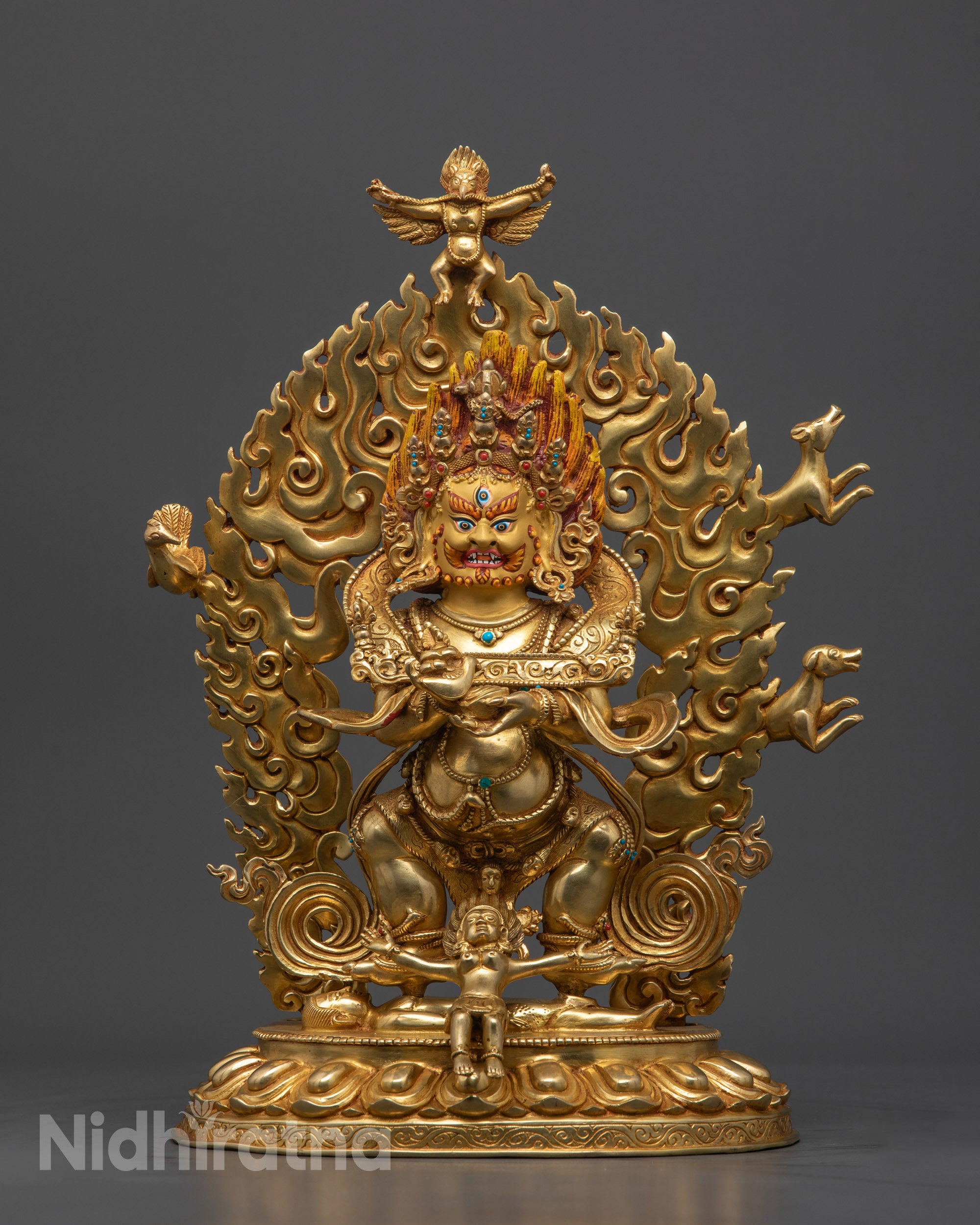 Front view Sakya Mahakala statue fully gold gilded 32cm