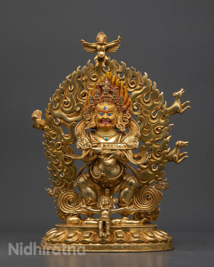 Front view Sakya Mahakala statue fully gold gilded 32cm