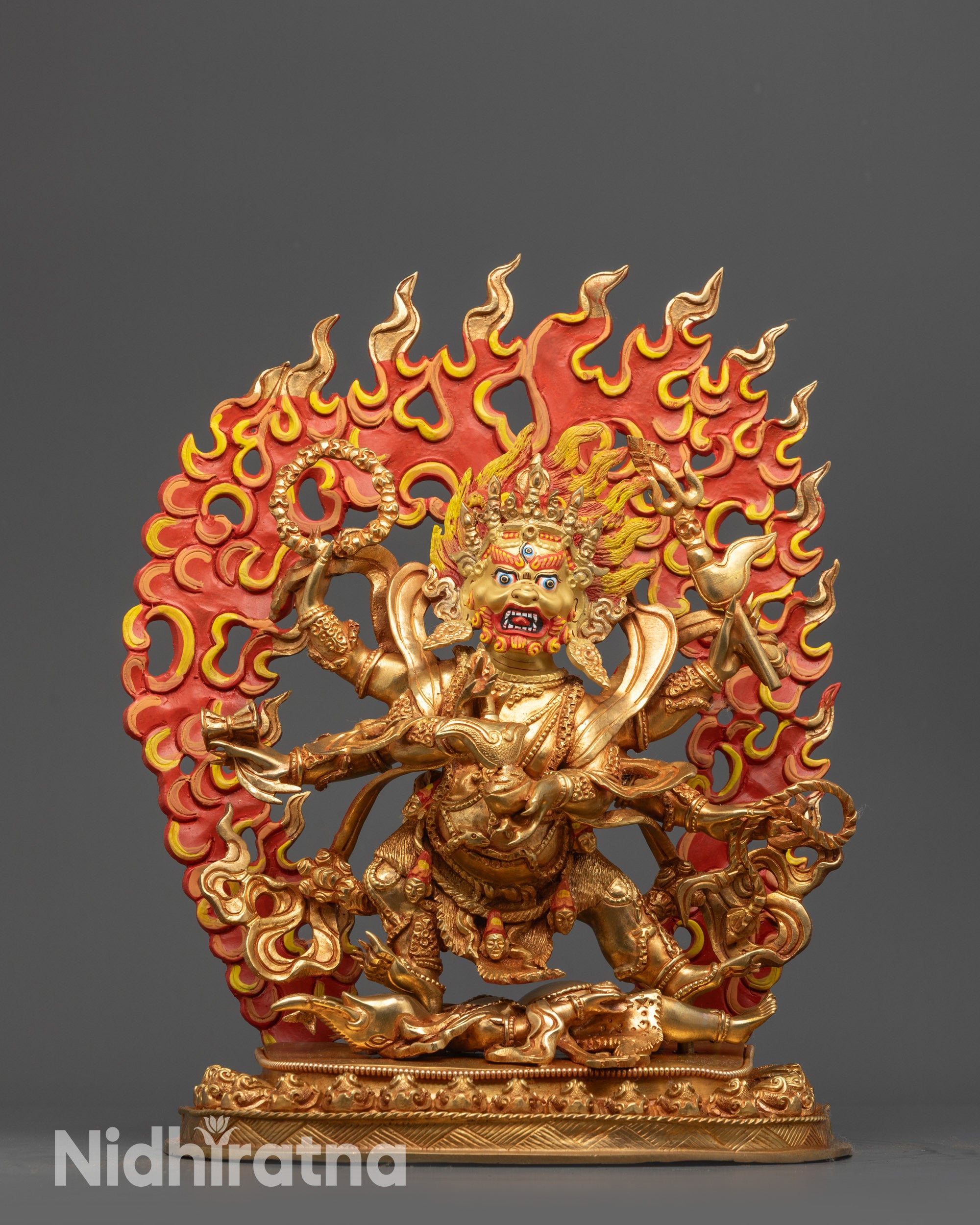 Front view Nepalese Six-Armed Mahakala gold-gilded statue for home altar
