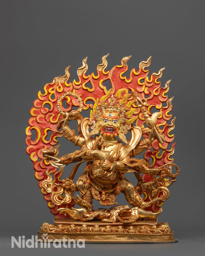 Front view Nepalese Six-Armed Mahakala gold-gilded statue for home altar