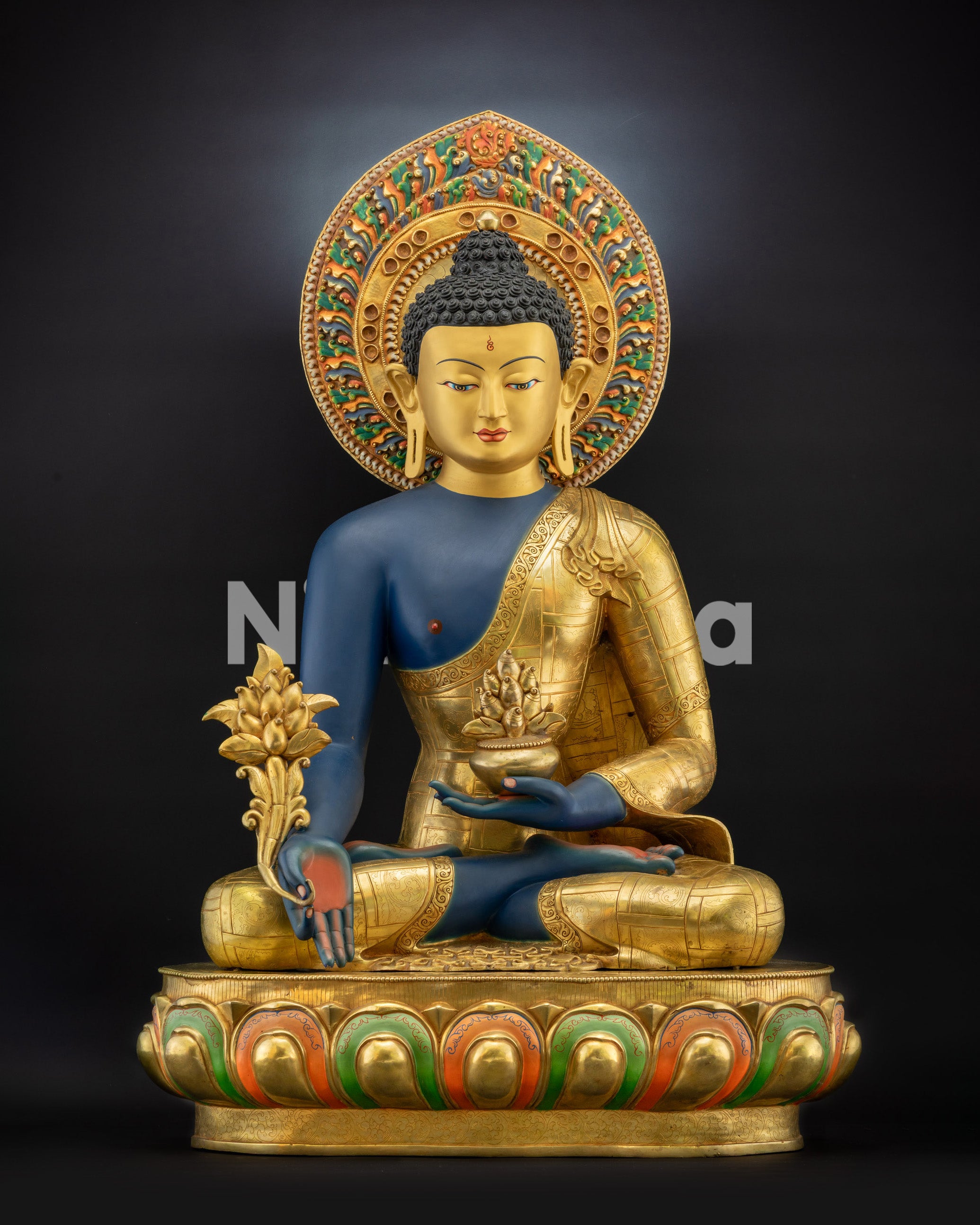 Full view 44" Nepalese Medicine Buddha Statue with gold-gilded face and lapis-lazuli surface