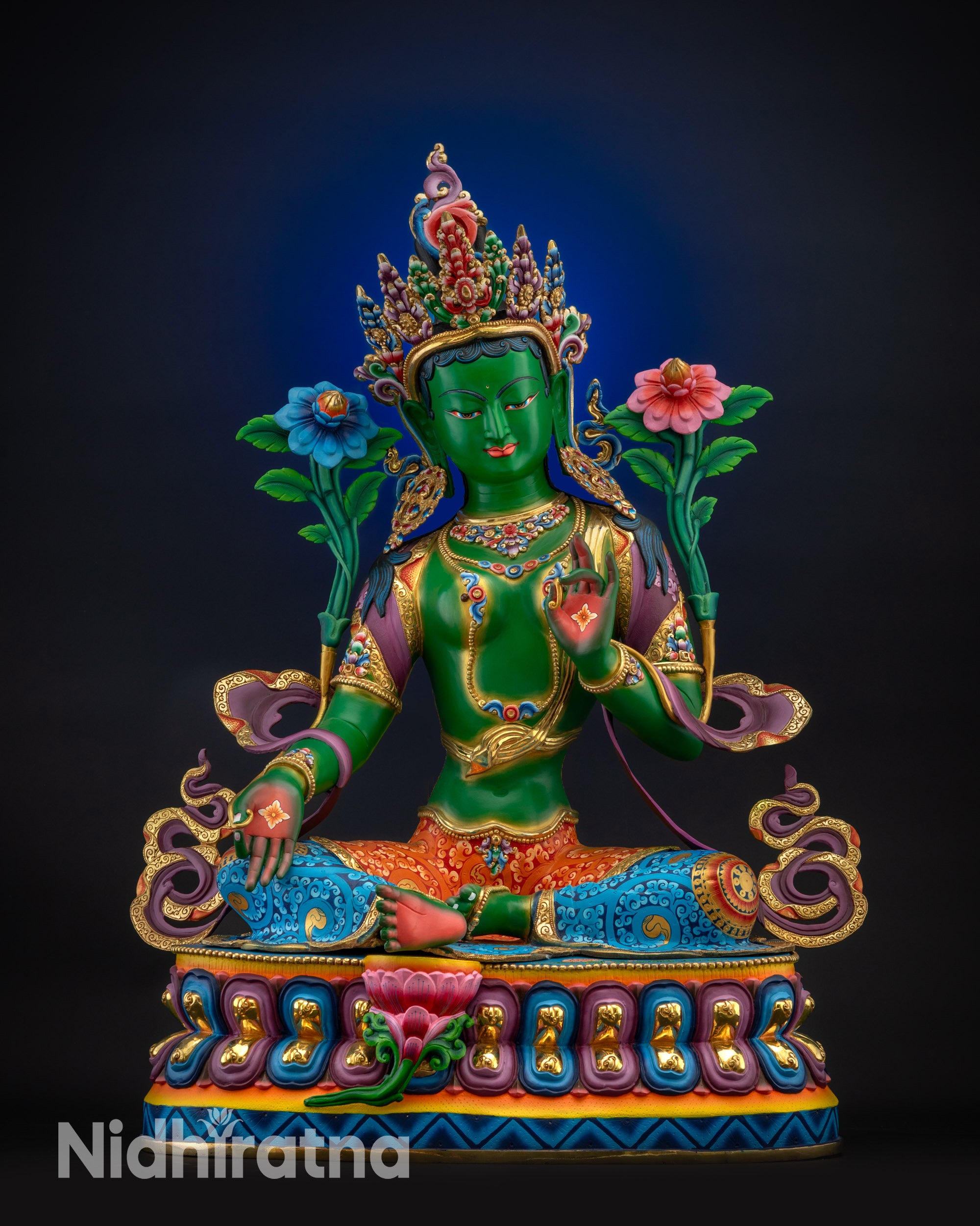 Full view Green Tara statue hand-painted copper with lotus base front