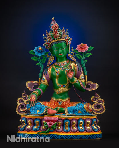 Full view Green Tara statue hand-painted copper with lotus base front