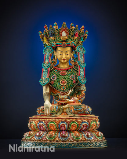 Full view Jowo Rinpoche Shakyamuni statue seated on double-layered lotus base front angle
