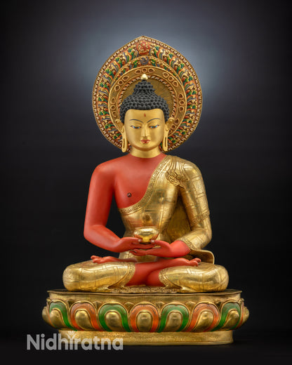 Full view Masterpiece Amitabha Buddha Statue on lotus seat with floral halo
