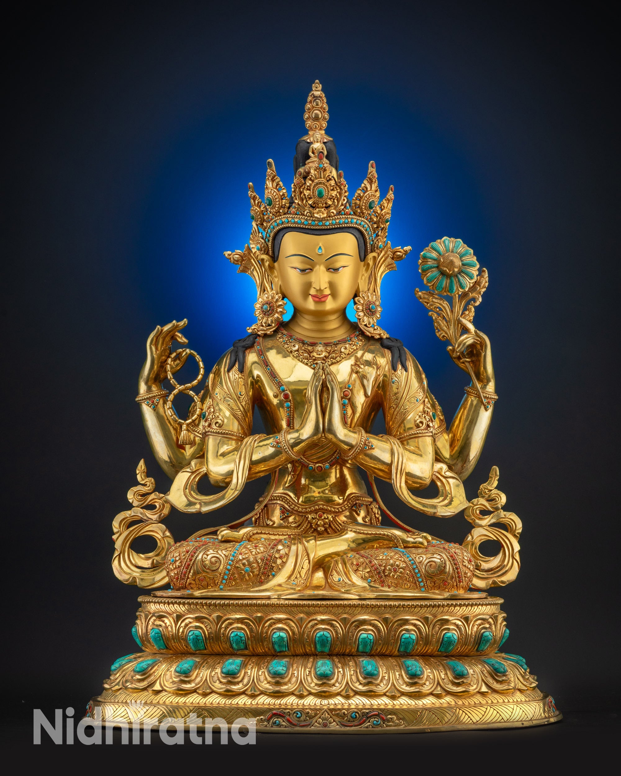 Full view Masterpiece Four-Armed Chenrezig Statue with gold-gilded face and lotus seat
