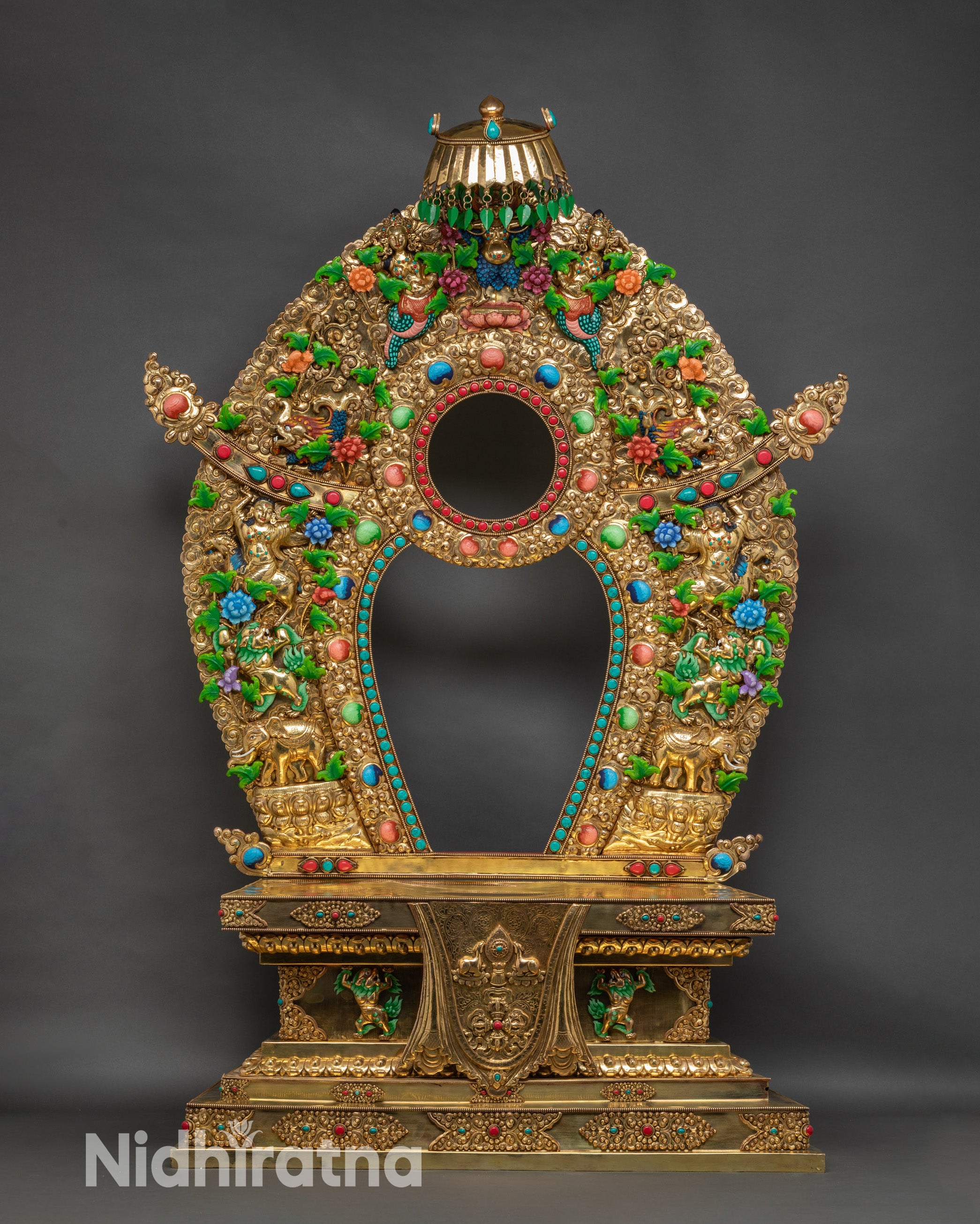 Full view Vajrayana Throne Tibetan torana seat with gold-gilded halo and carved motifs